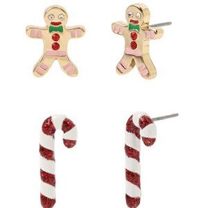 NIB Betsey Johnson "Whimsy Gingerbread Man & Candy Cane" Stud Set | Xmas Earring